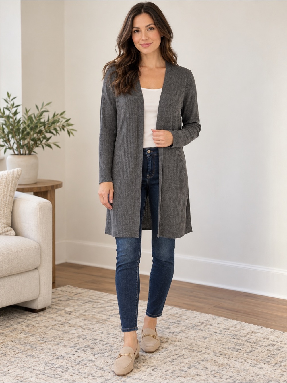 Talbots Petite Gray Ribbed Longline Cardigan Open Front Duster Sweater MP